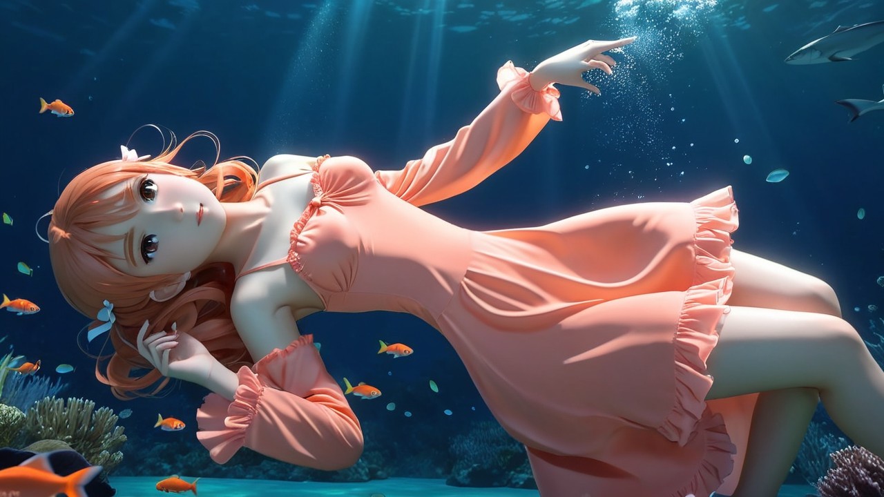 Anime Character with Orange Hair Floating Underwater