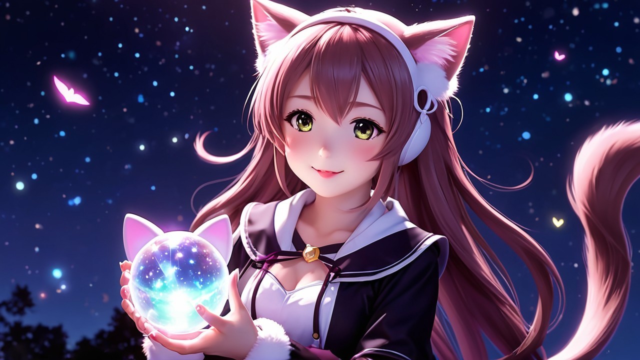 Anime girl with cat ears and glowing orb at night