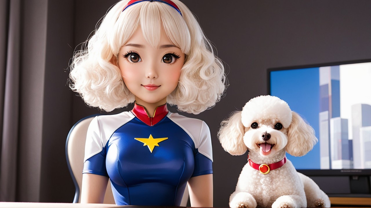 Animated Character in Superhero Costume with Poodle