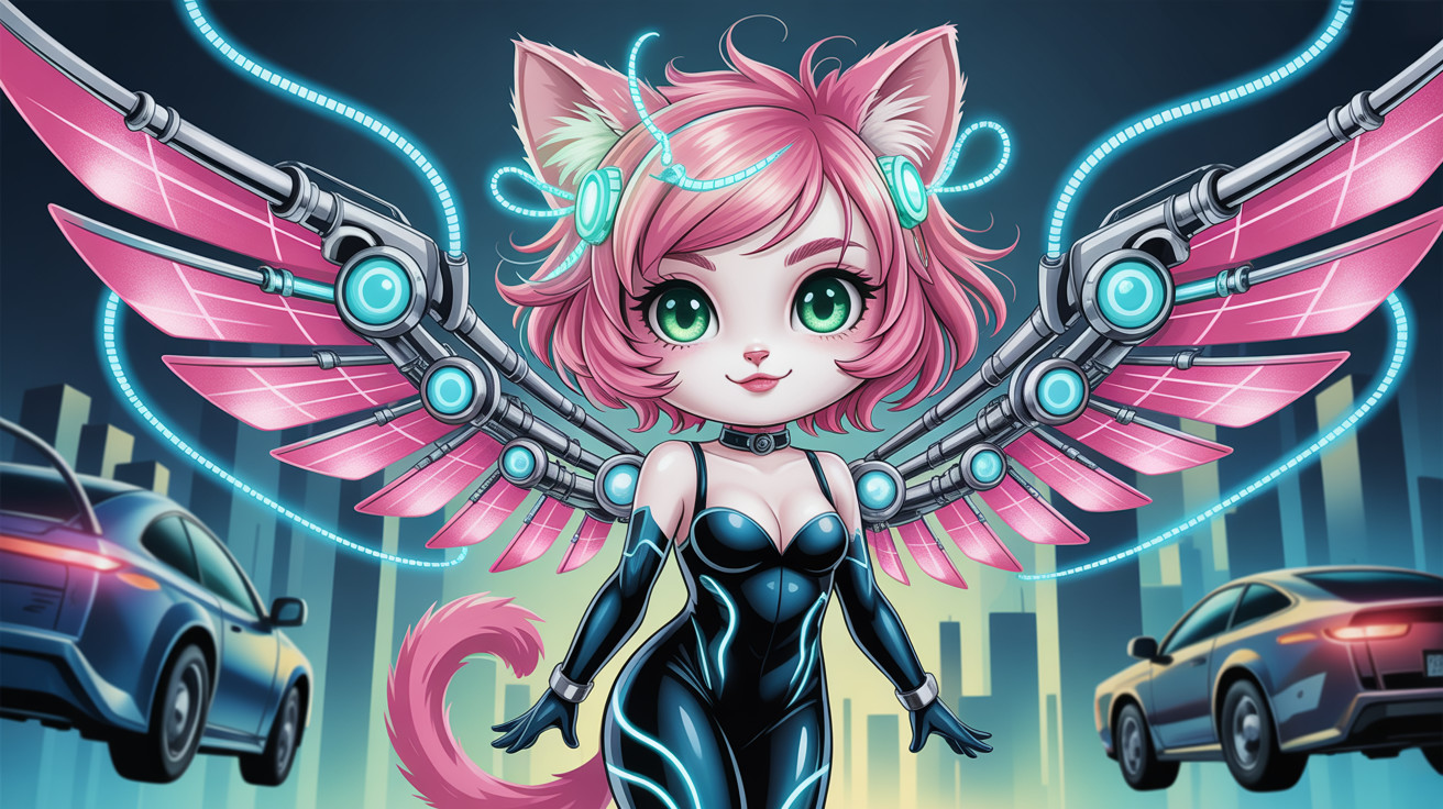 Chibi Cyberpunk Feline Girl with Mechanical Wings