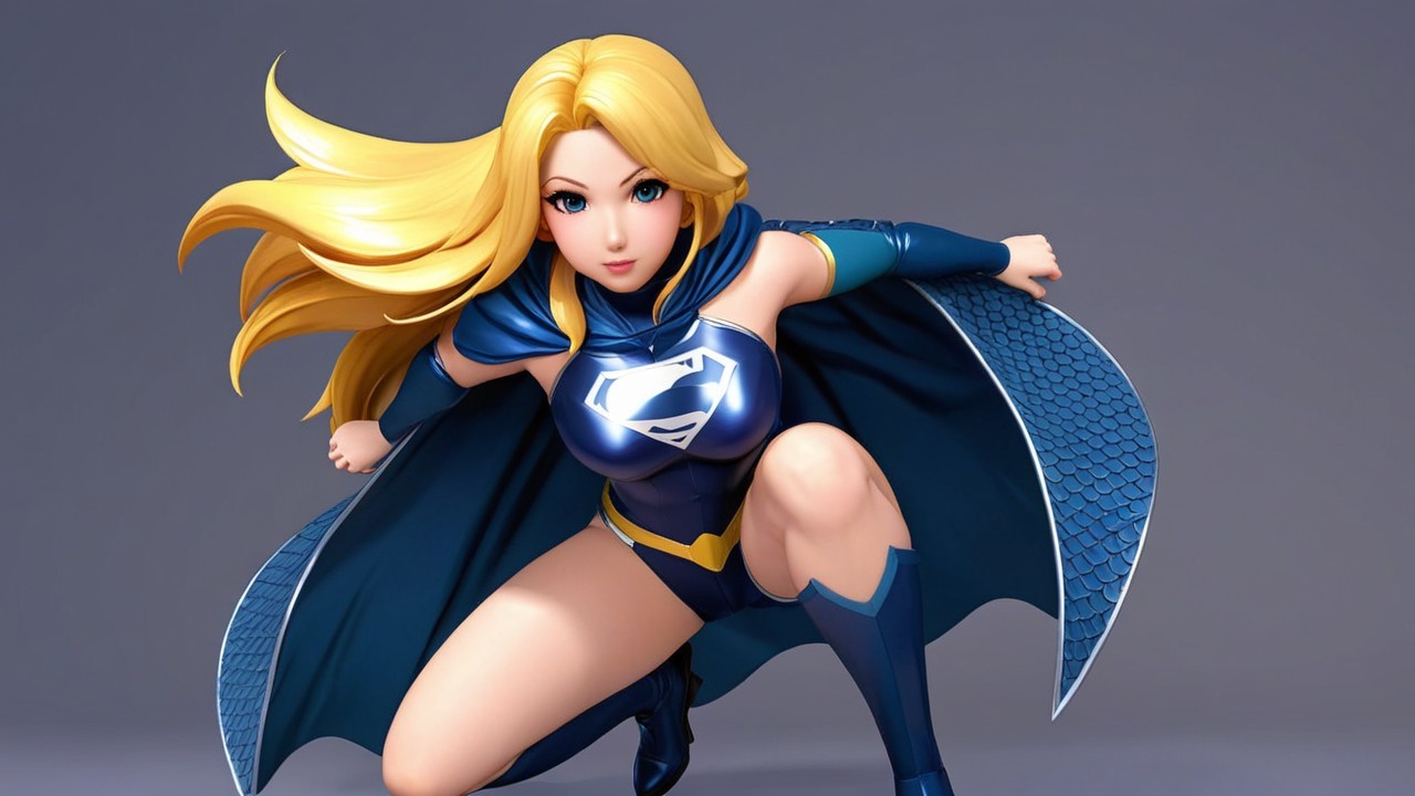 Stylized Female Superhero in Blue and Gold Costume
