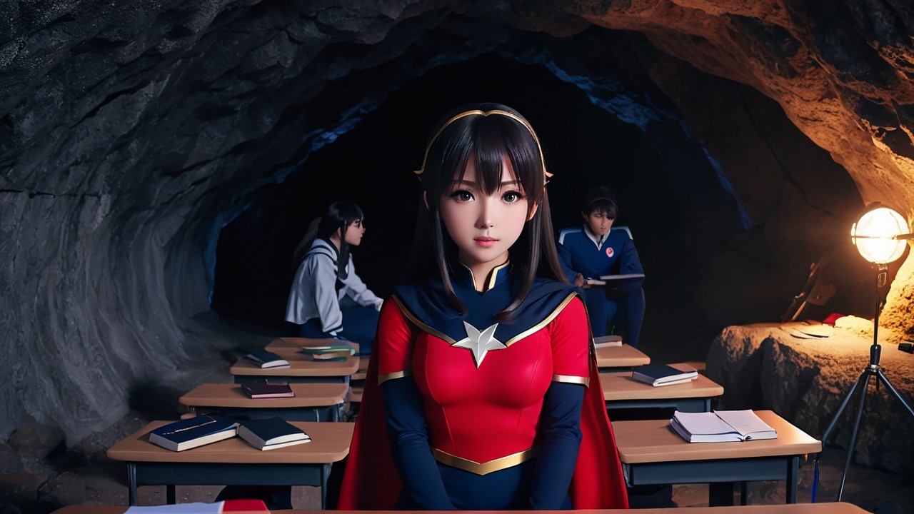 Superhero Classroom Scene in Dimly Lit Cave
