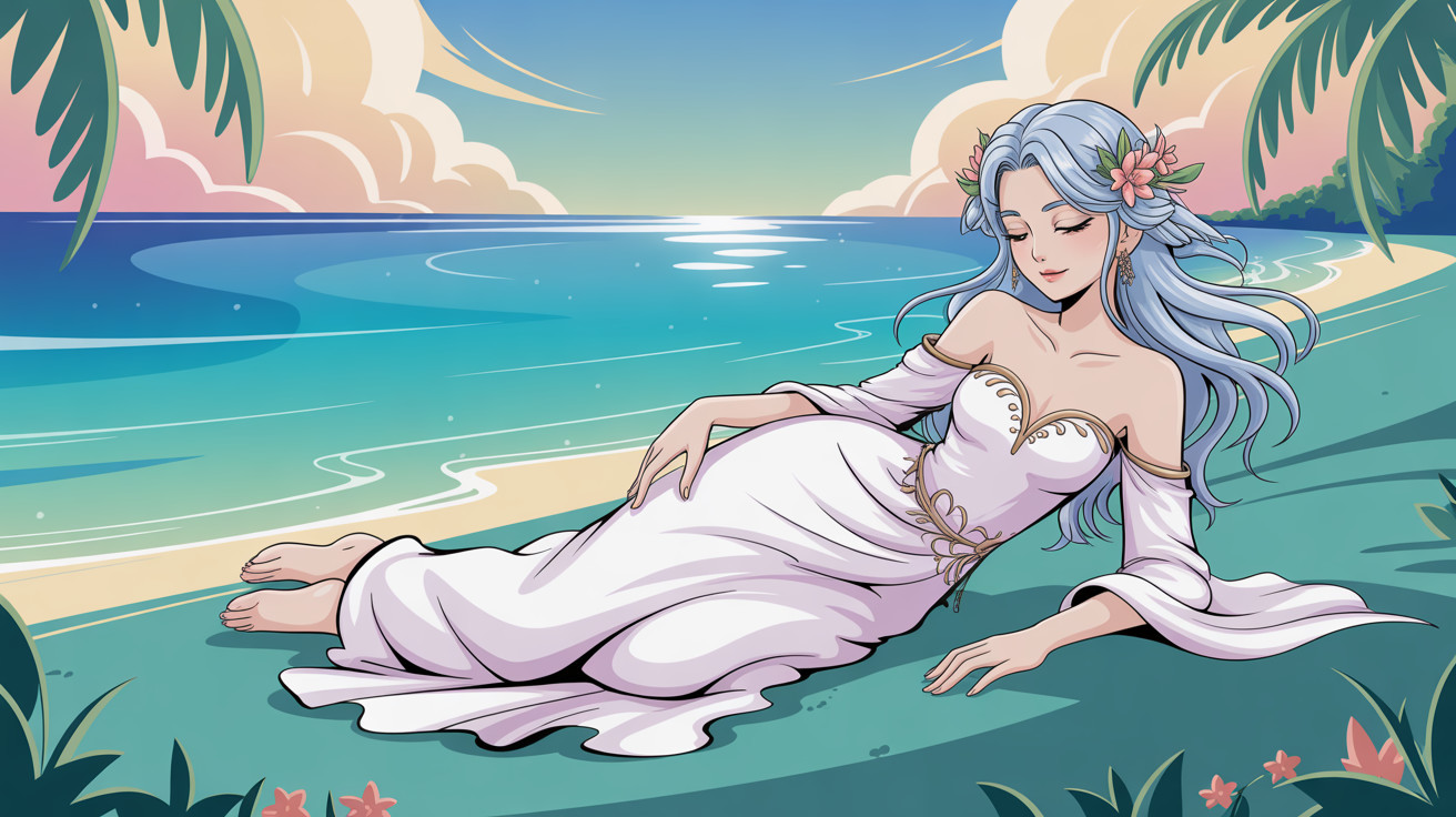 Anime Illustration of a Woman by the Ocean Shoreline