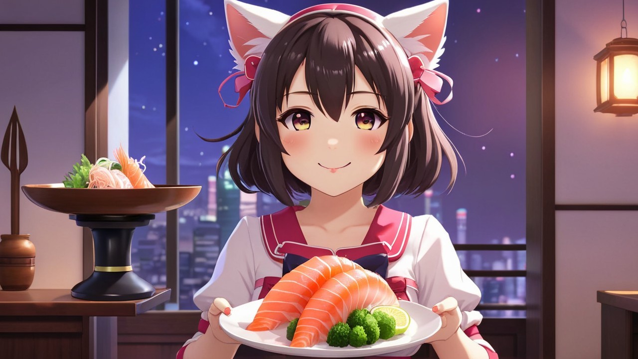 Cheerful anime girl with sushi in a cozy setting