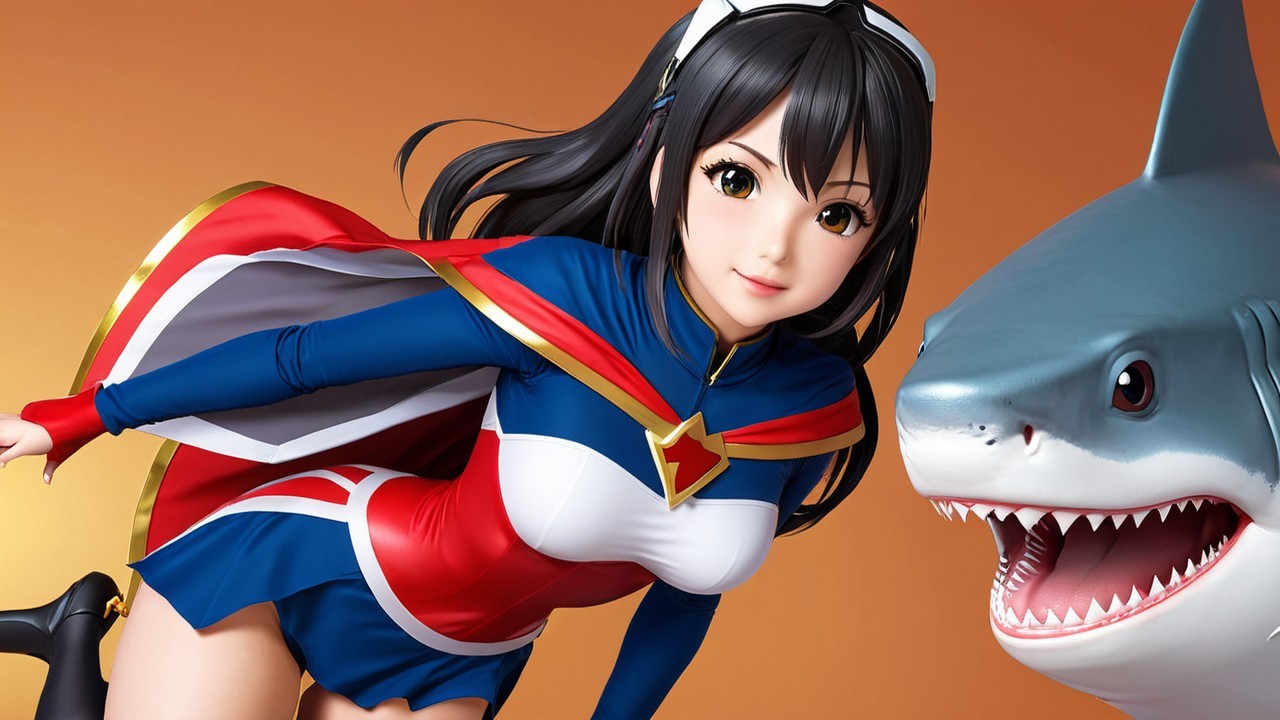 Stylized Female Superhero with Cartoon Shark Companion
