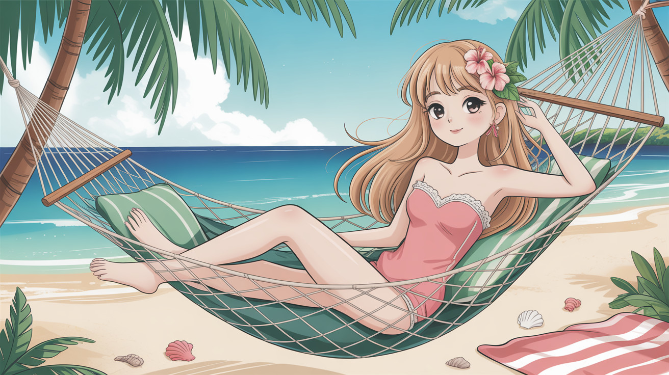 Anime woman in pink swimsuit on tropical beach hammock
