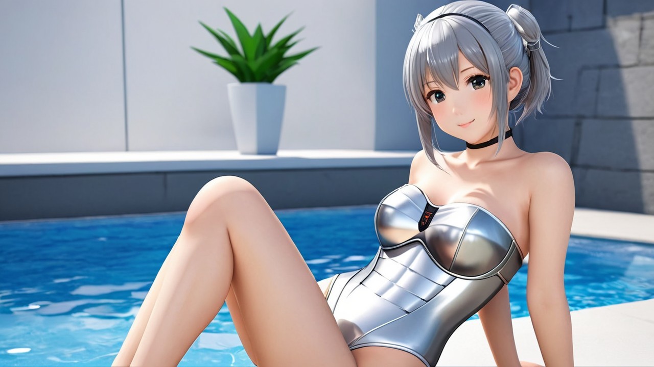 Anime Character Relaxing by a Pool in Metallic Swimsuit