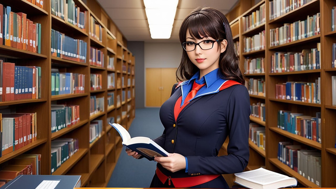 Young Woman in Library with Books and Stylish Outfit