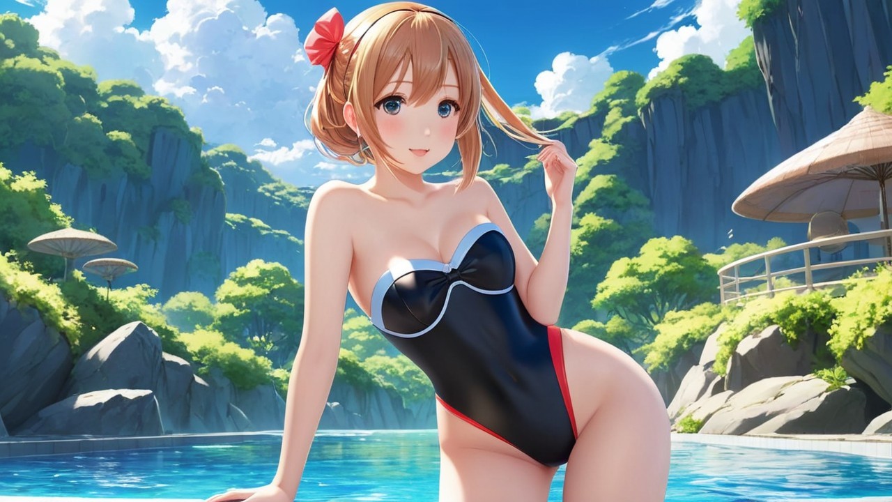 Young Woman in Black Swimsuit by Sparkling Pool