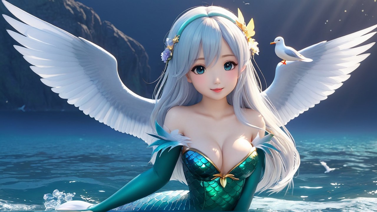 Whimsical Mermaid with Silver Hair in Shimmering Waters