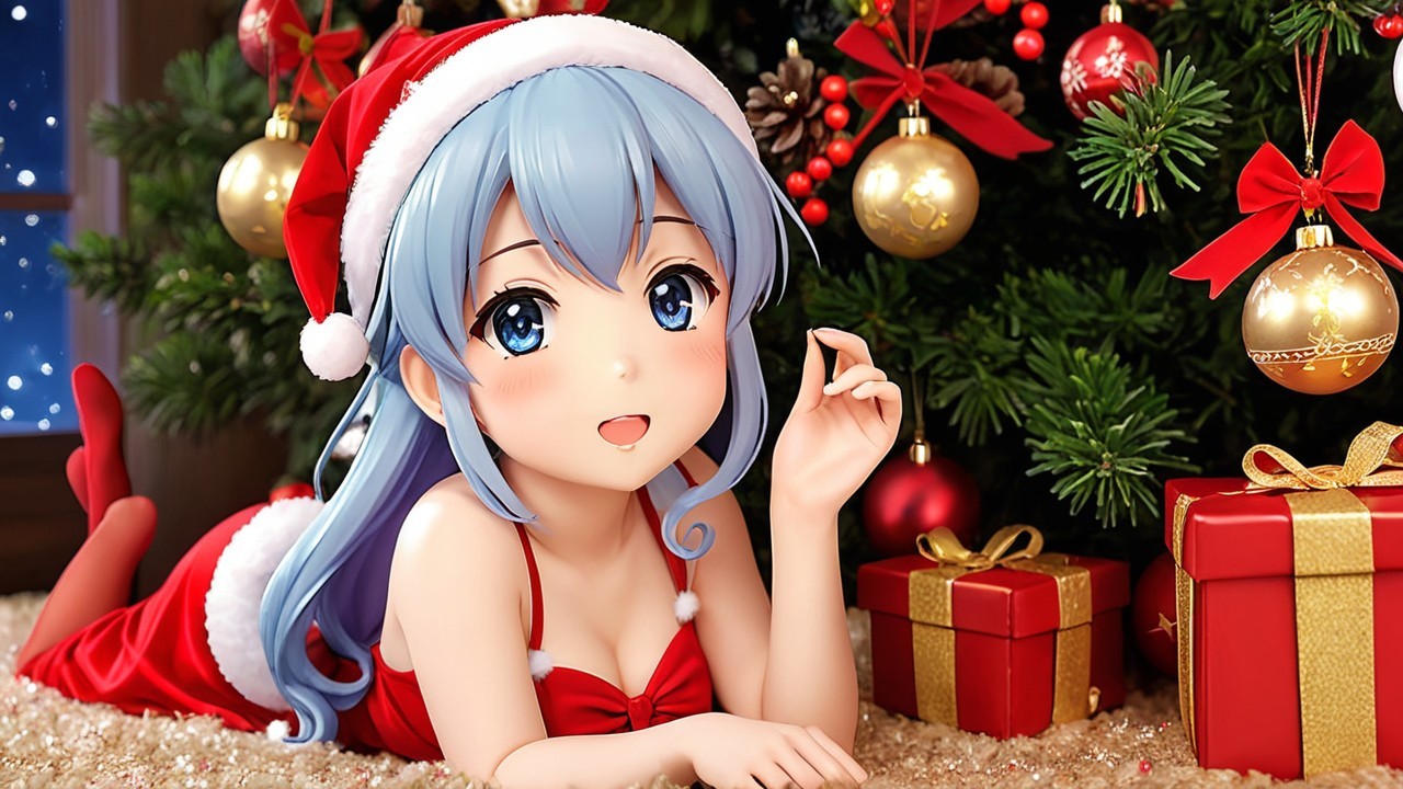 Cheerful Anime Character by Decorated Christmas Tree