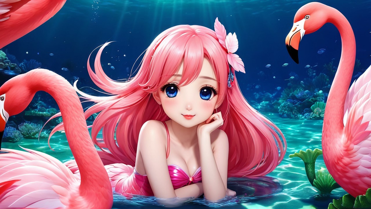 Underwater Scene with Girl and Pink Flamingos