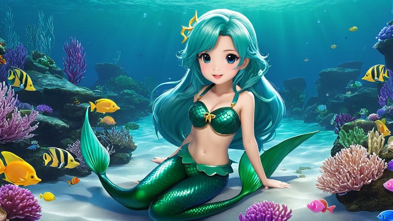 Vibrant Underwater Scene with a Cute Mermaid