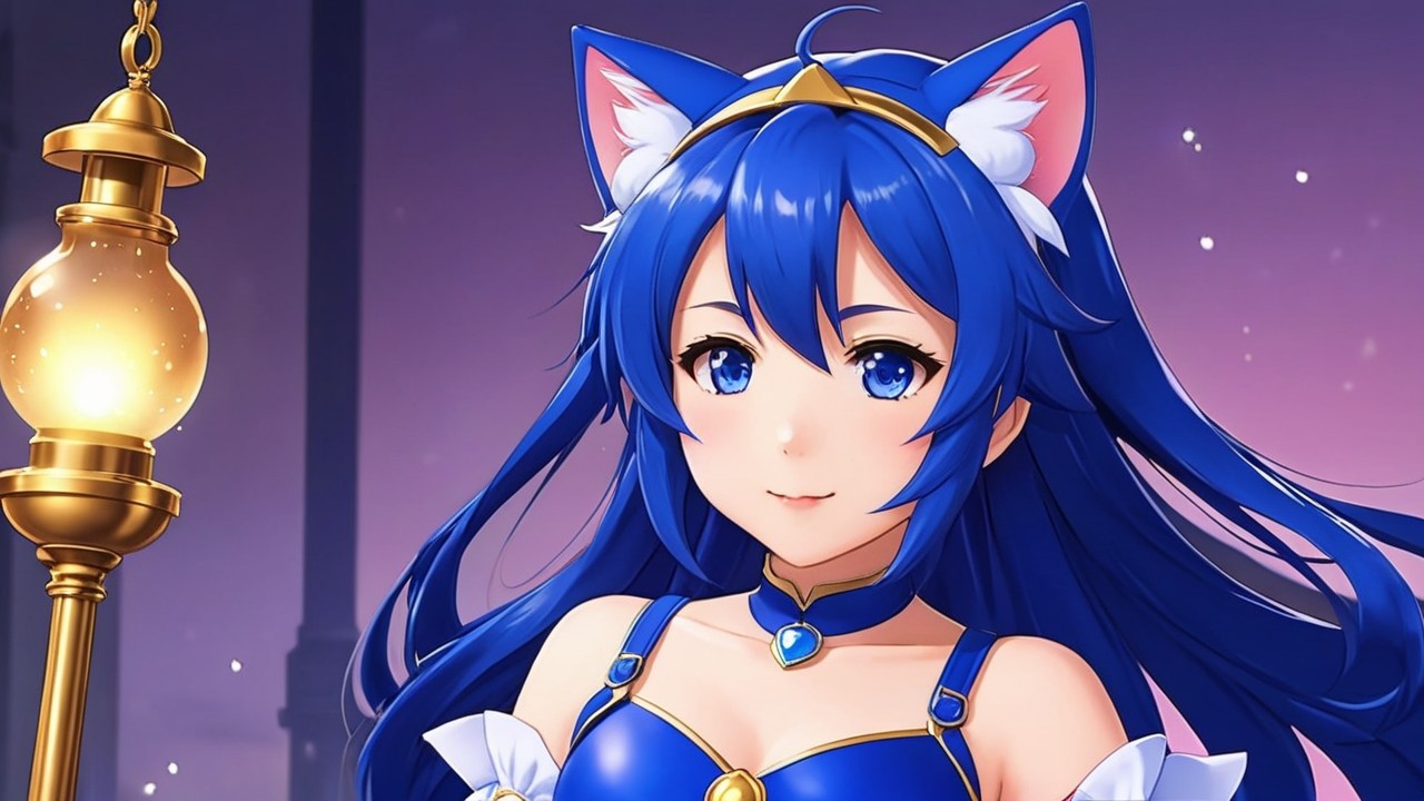 Vibrant anime character with blue hair and cat ears