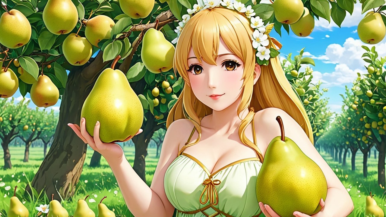 Young Woman in Floral Crown in Pear Orchard