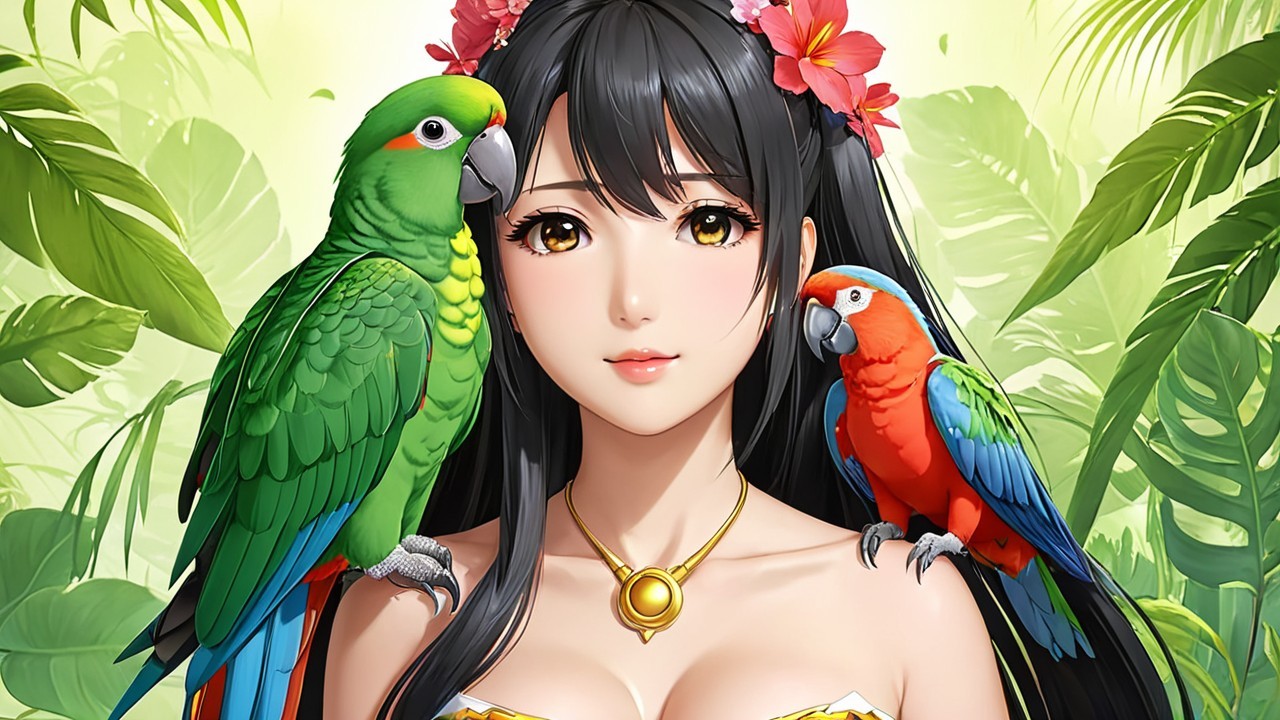 Young woman in tropical setting with parrots and flowers