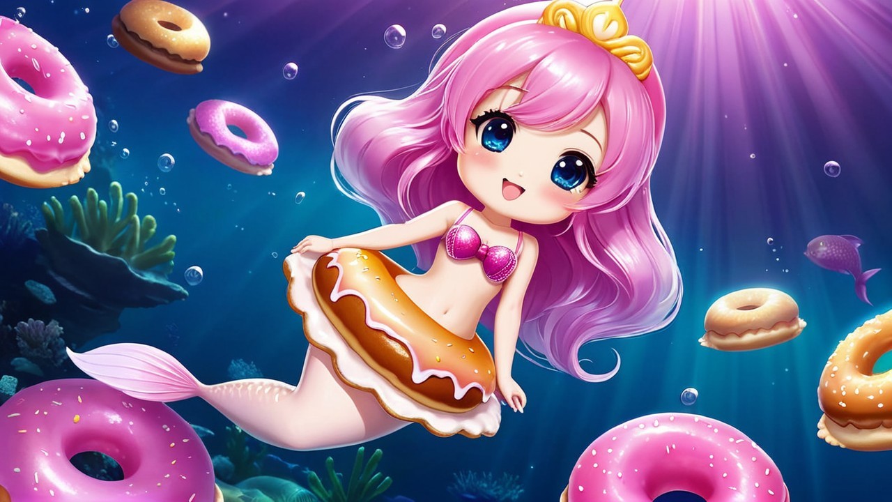 Chibi-style mermaid in vibrant underwater scene