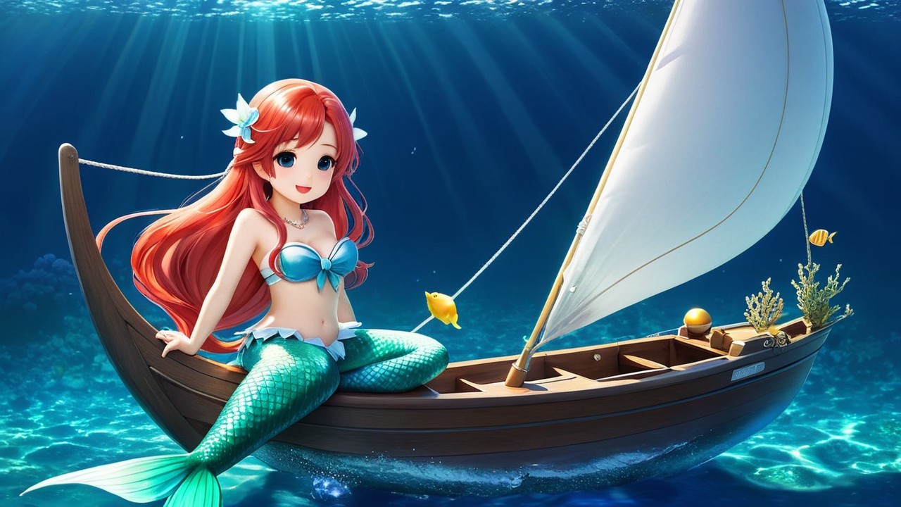 Mermaid with Red Hair on a Boat in Blue Waters