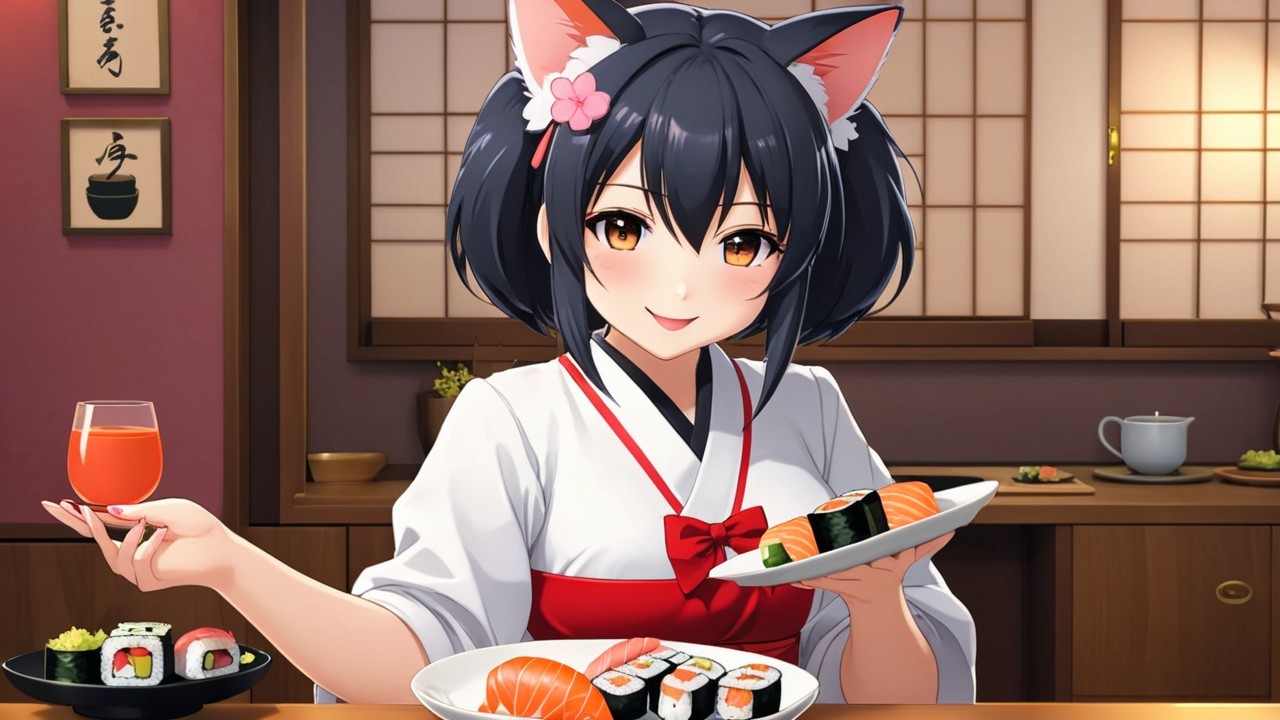 Cheerful character in traditional outfit with sushi and drink