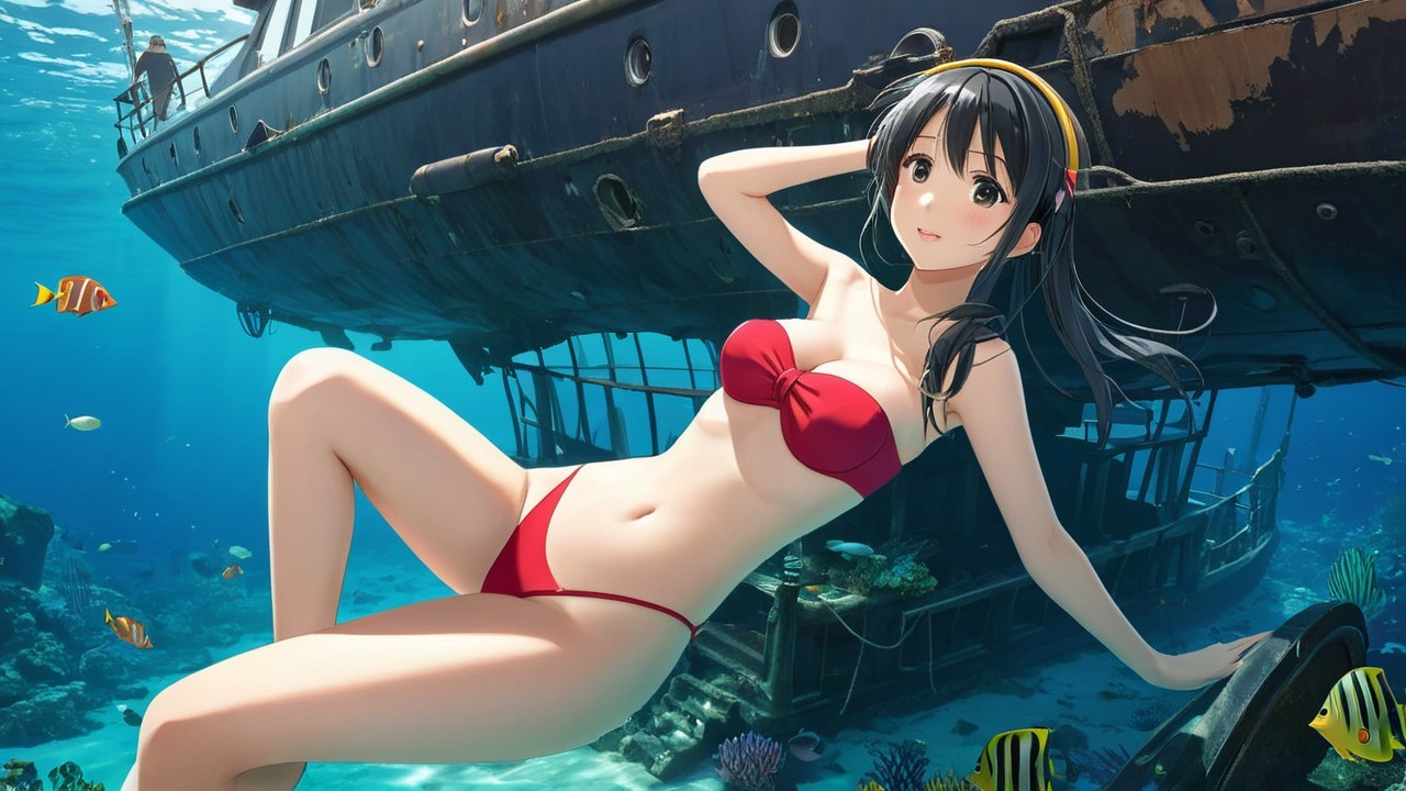 Young Woman in Red Bikini by Sunken Ship Underwater