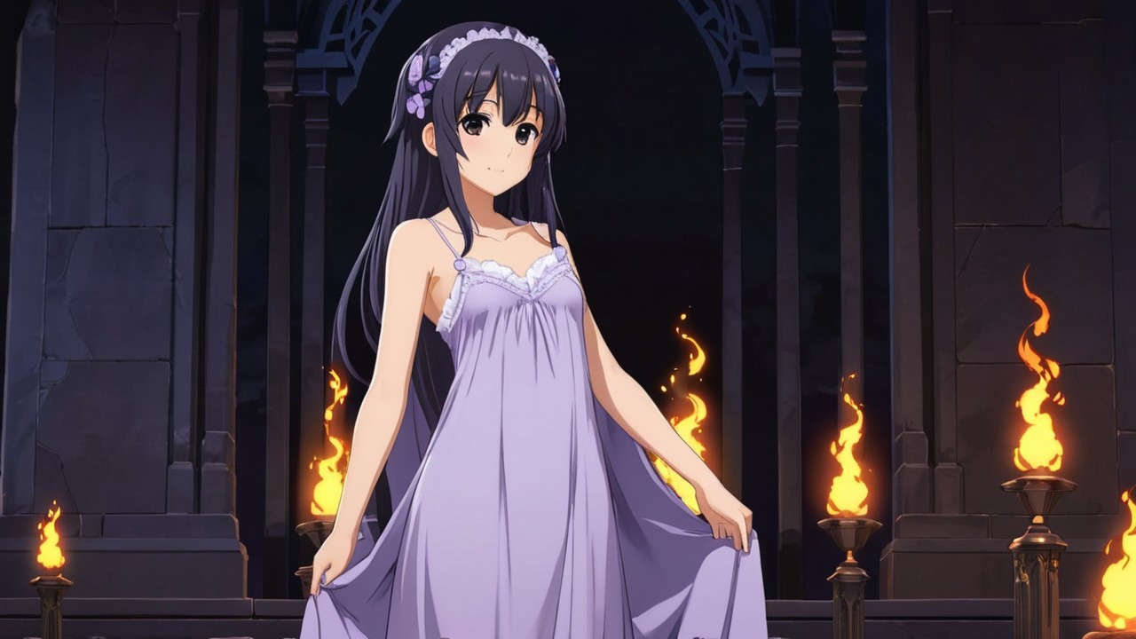 Young girl in purple nightgown in dark mystical setting