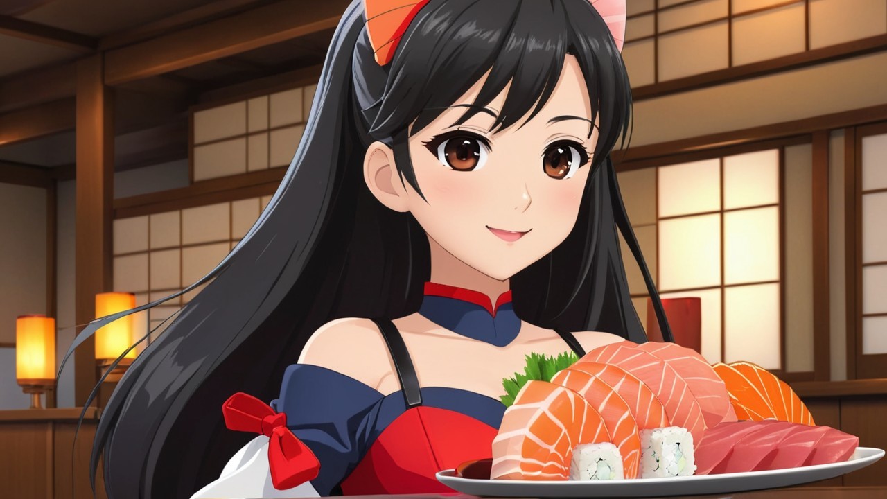 Cheerful Young Woman Serves Sushi in Cozy Restaurant