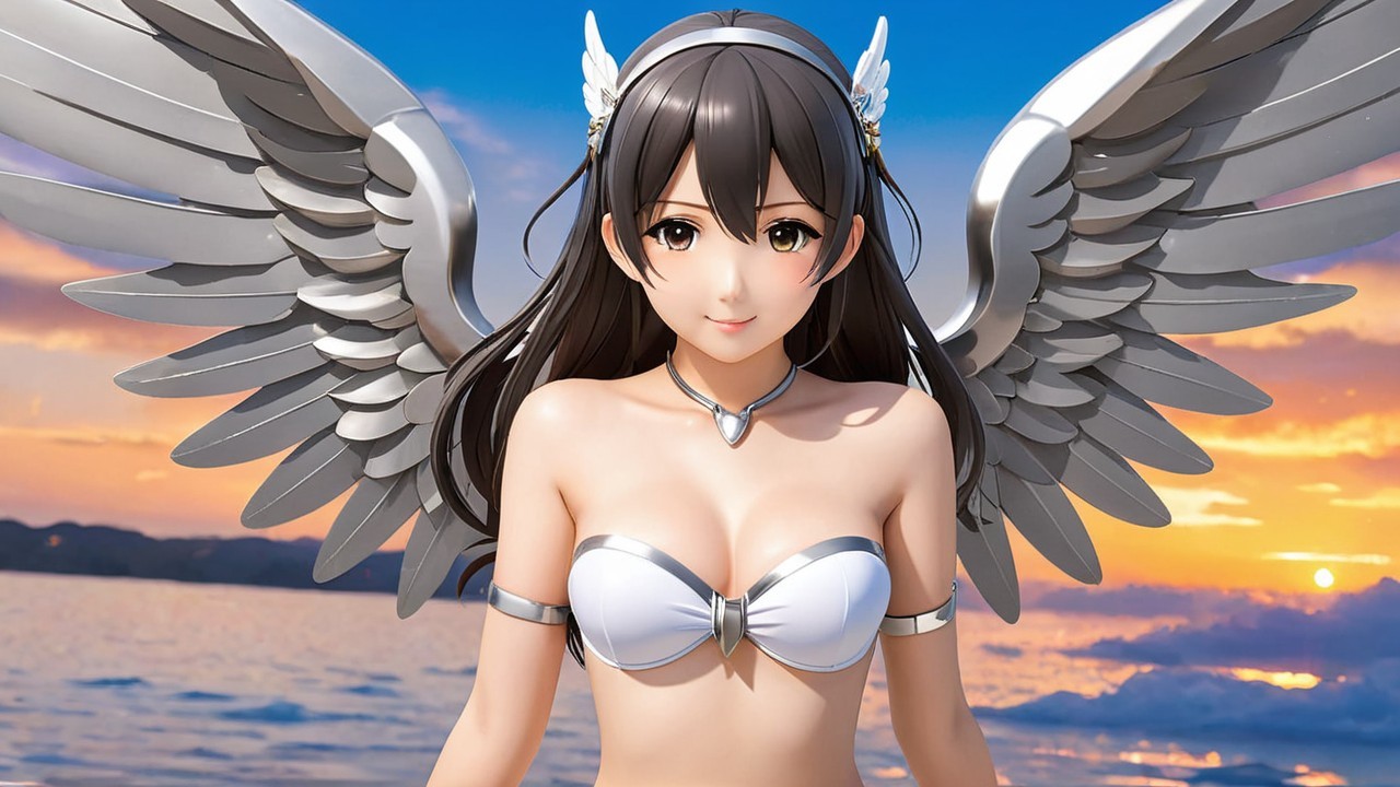 Stylized female character with silver wings at sunset