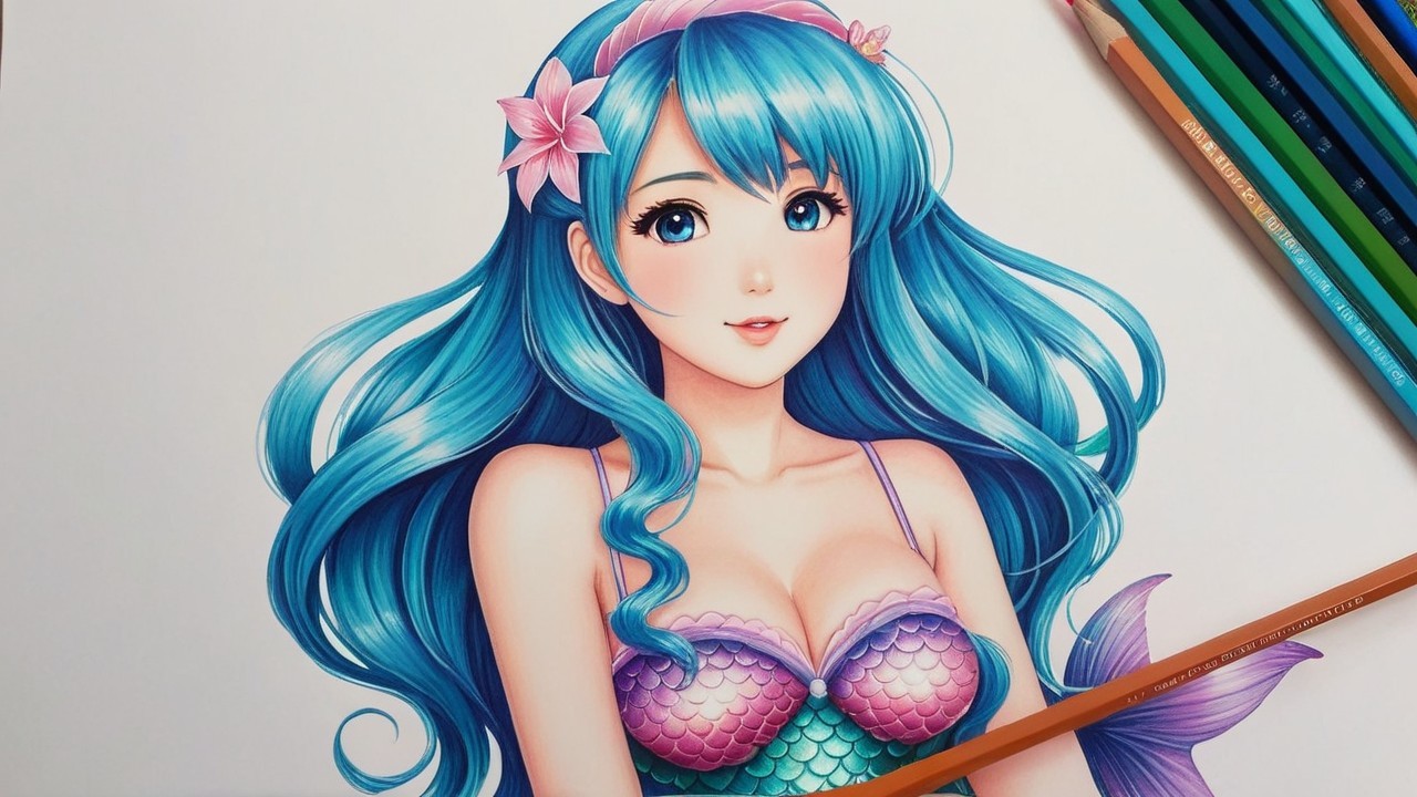 Vibrant Mermaid Illustration with Colorful Background