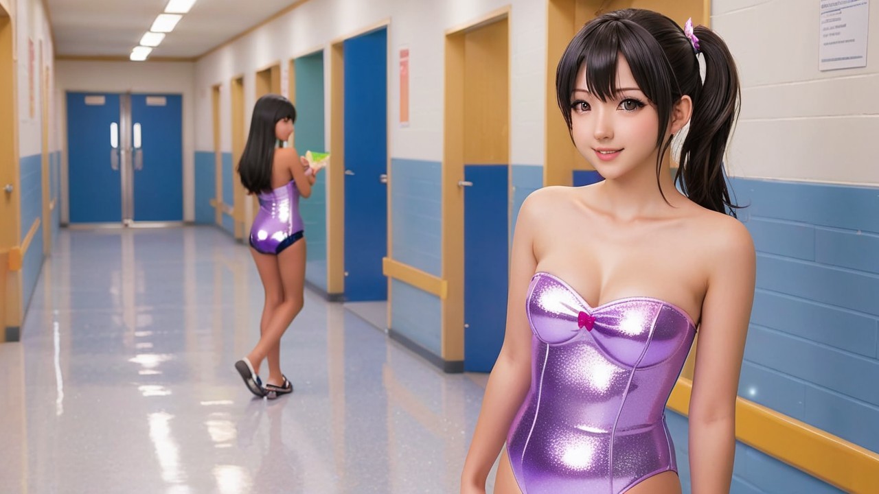 Young Women in Purple Swimsuits in Bright Hallway
