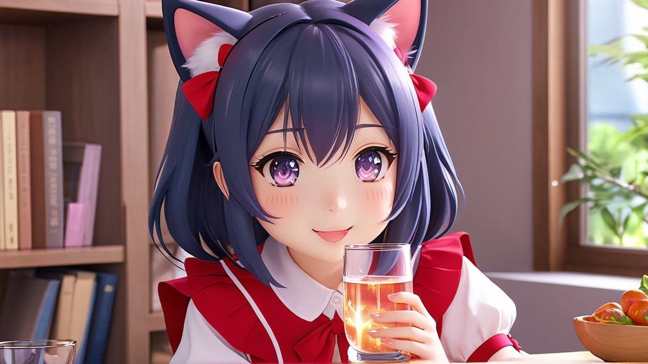 Cheerful anime character in cozy room setting