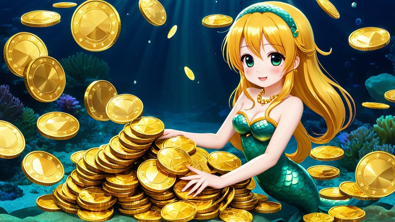 Cheerful Mermaid Surrounded by Golden Coins and Light