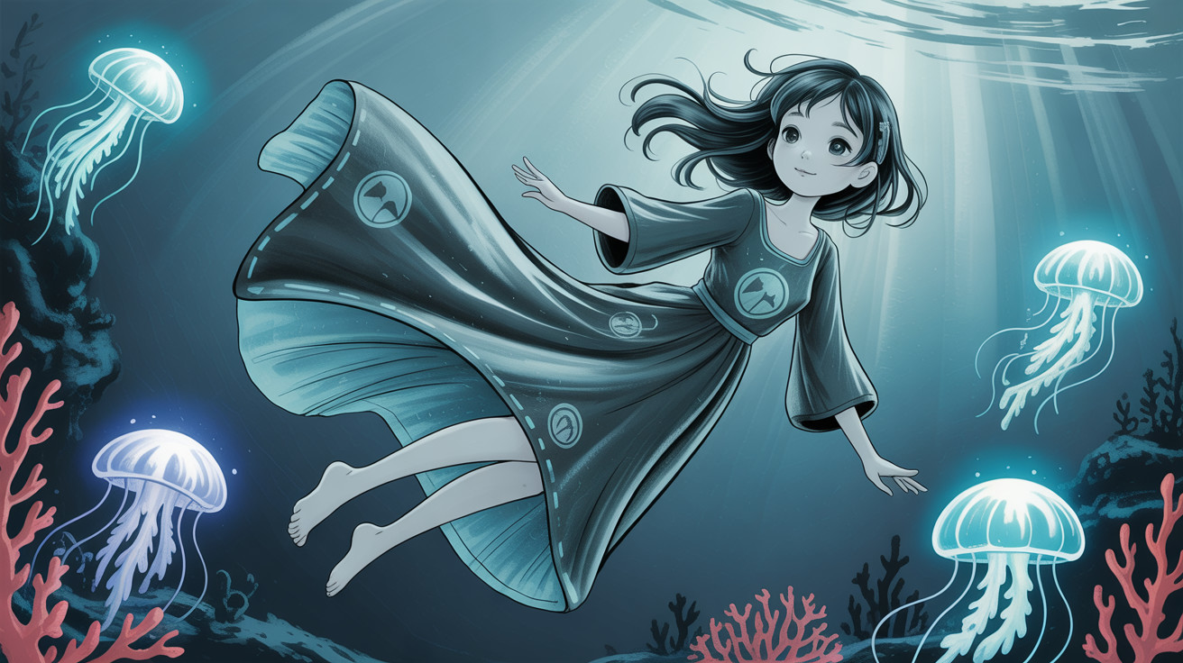 Underwater Scene of Anime Girl with Jellyfish and Coral