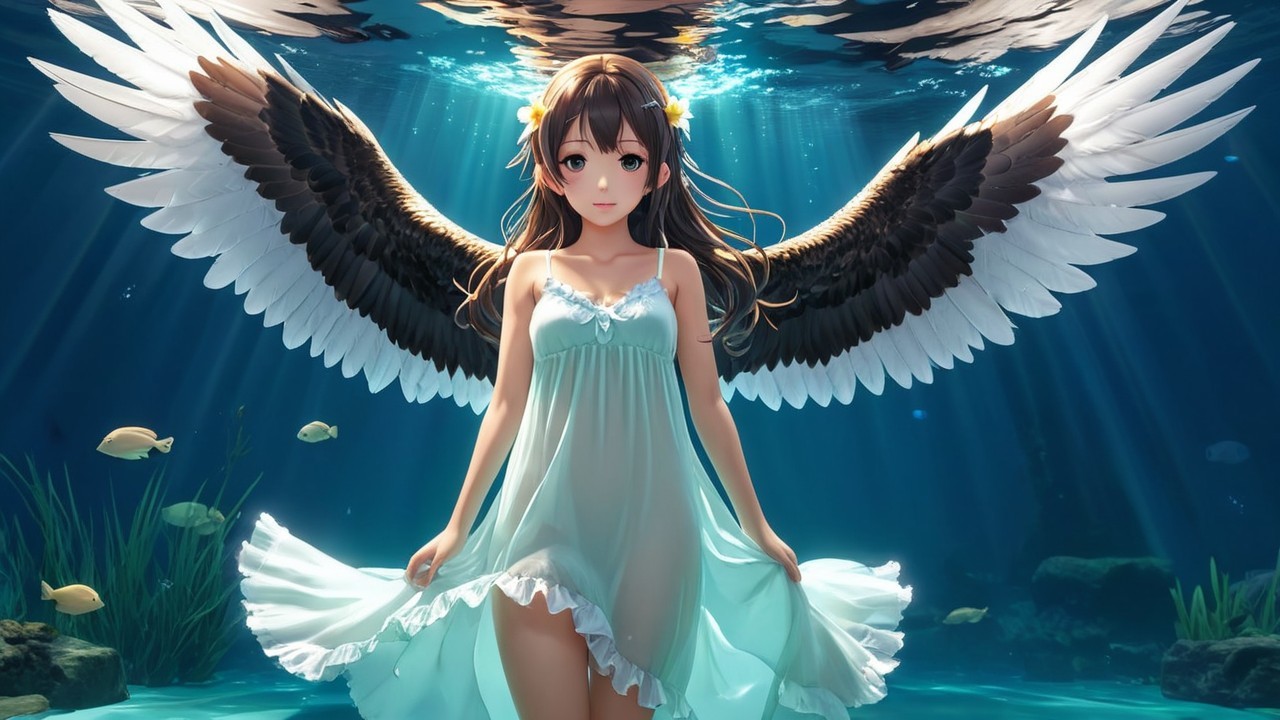 Underwater Scene with Woman and Ethereal Wings
