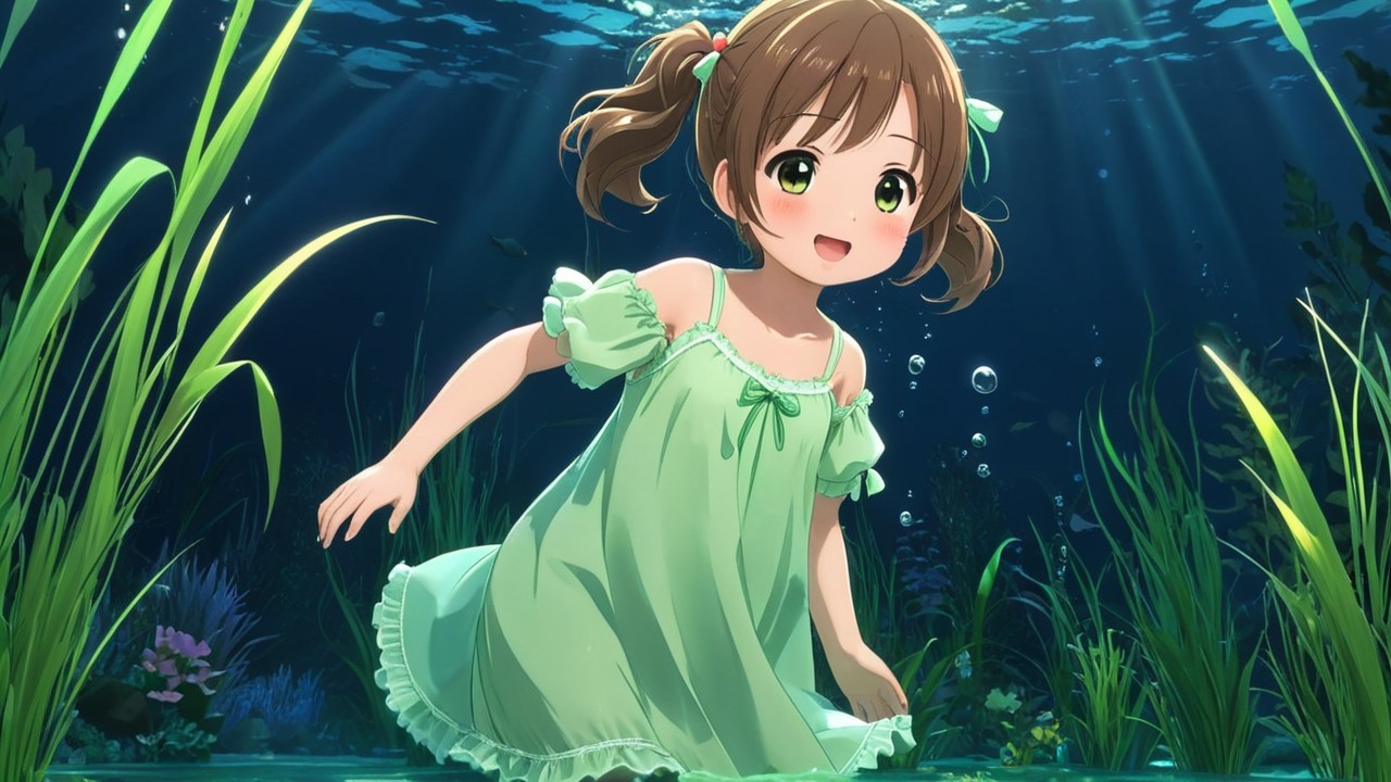 Young girl swimming underwater in a serene blue scene