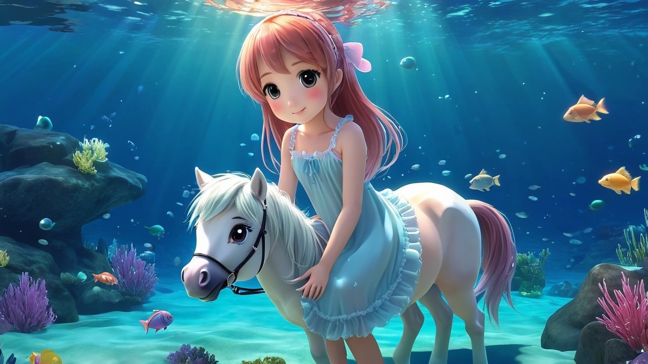 Young girl with pink hair riding horse underwater