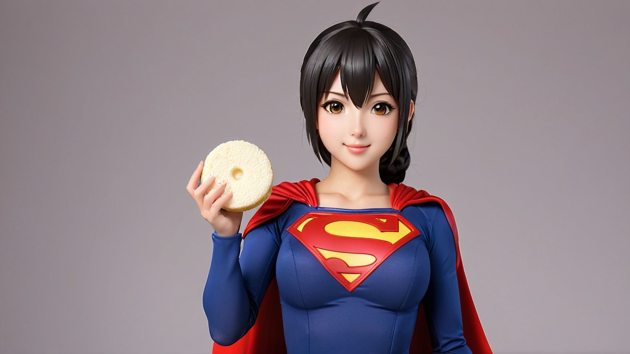 Stylized superheroine in blue costume with red cape