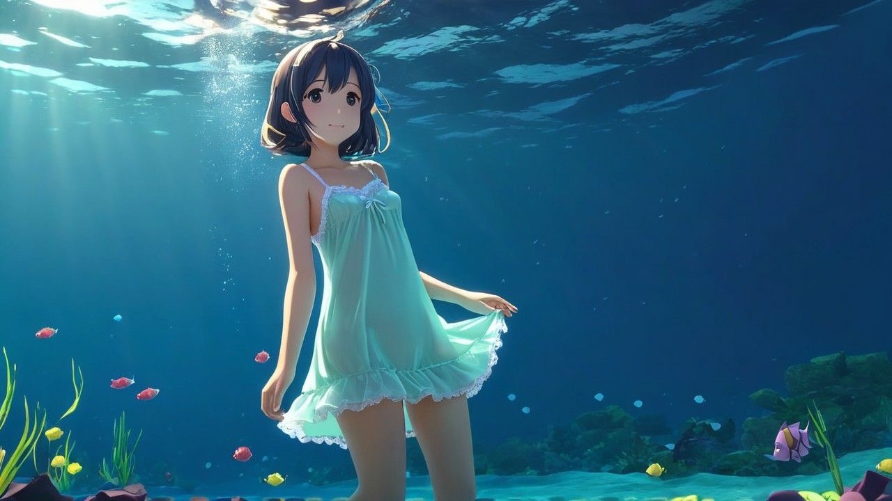 Underwater Scene of a Young Character in Green Dress