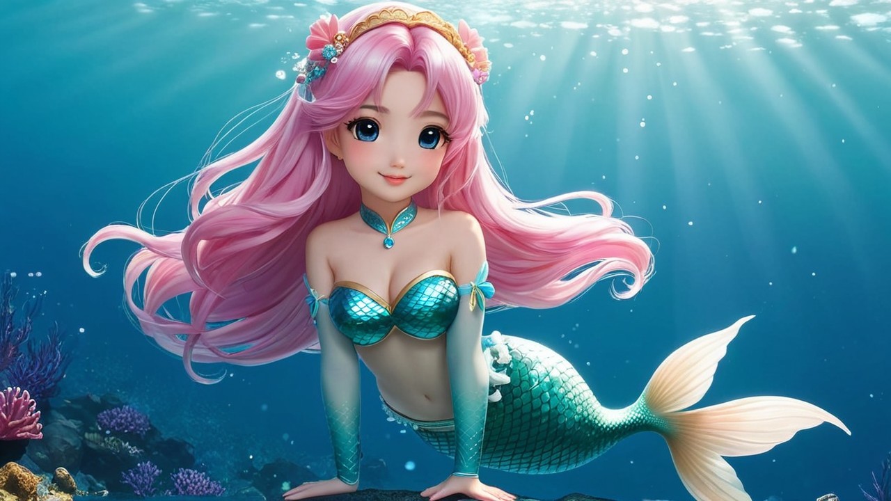 Animated mermaid with pink hair in vibrant underwater scene