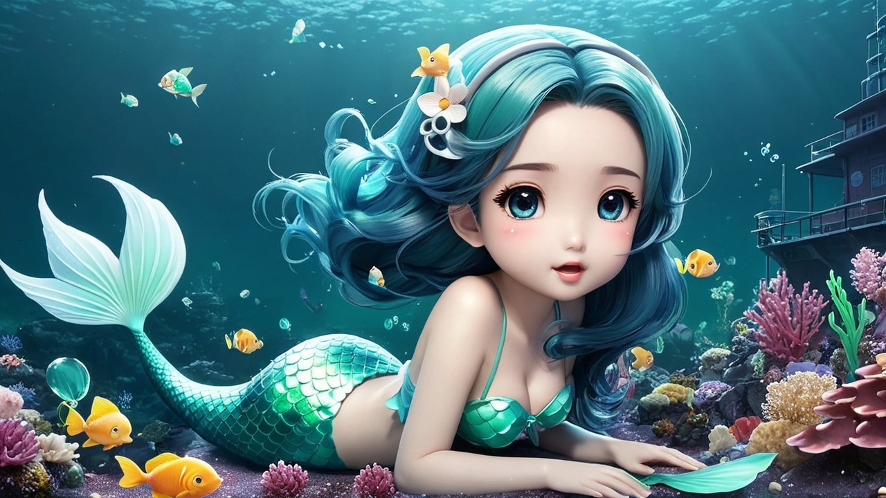 Whimsical Underwater Scene with Cartoon Mermaid