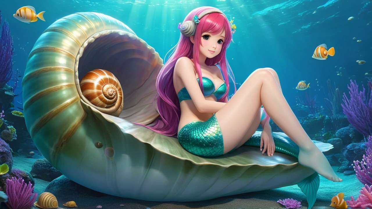 Mermaid in Seashell Surrounded by Colorful Fish
