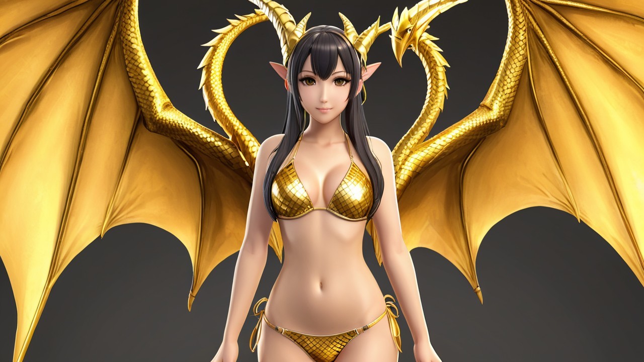 Fantastical Character with Golden Dragon Wings and Bikini