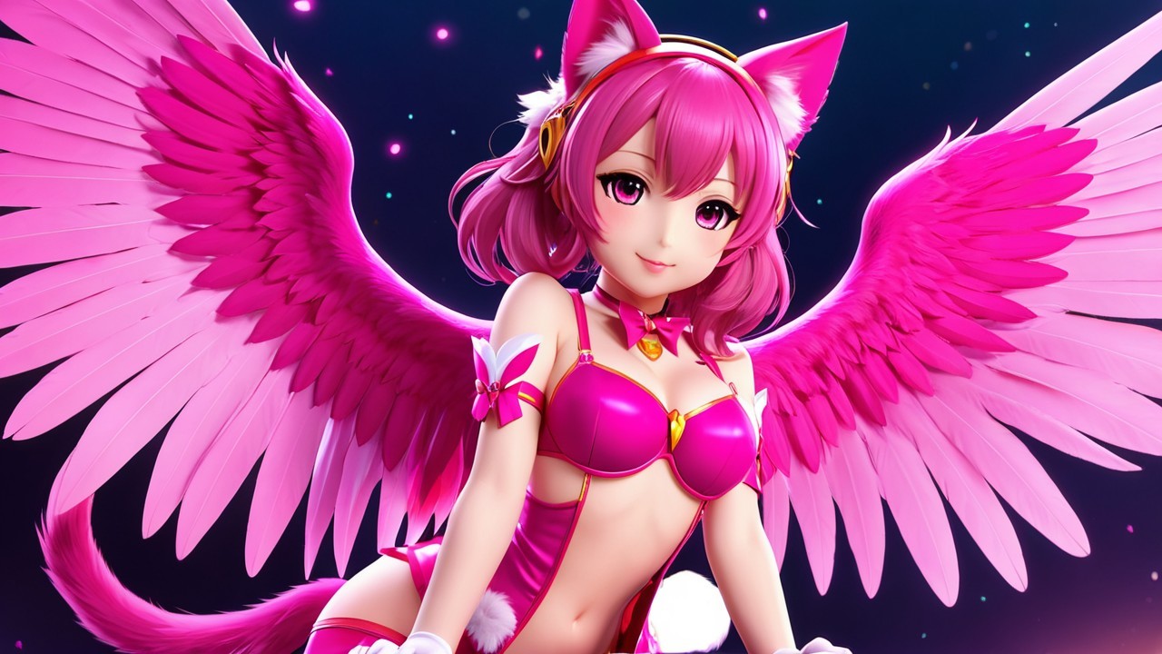 Vibrant anime character with pink hair and wings