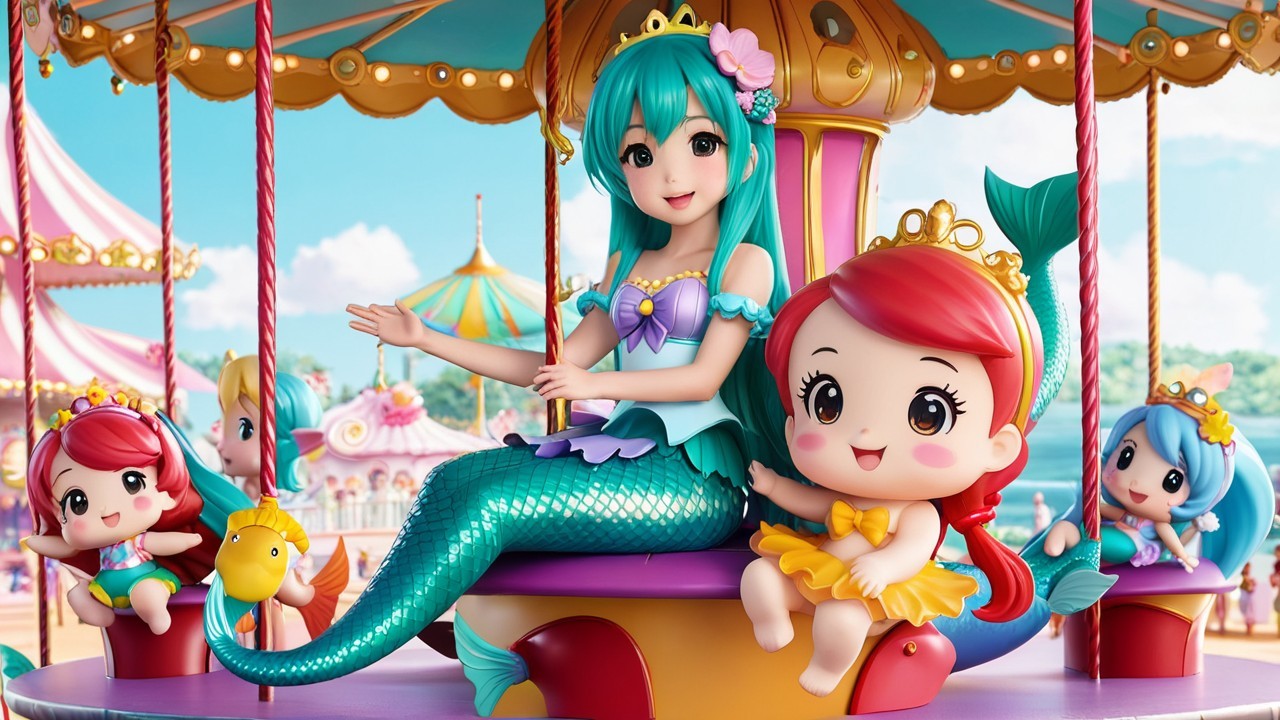 Colorful carousel scene with playful mermaids