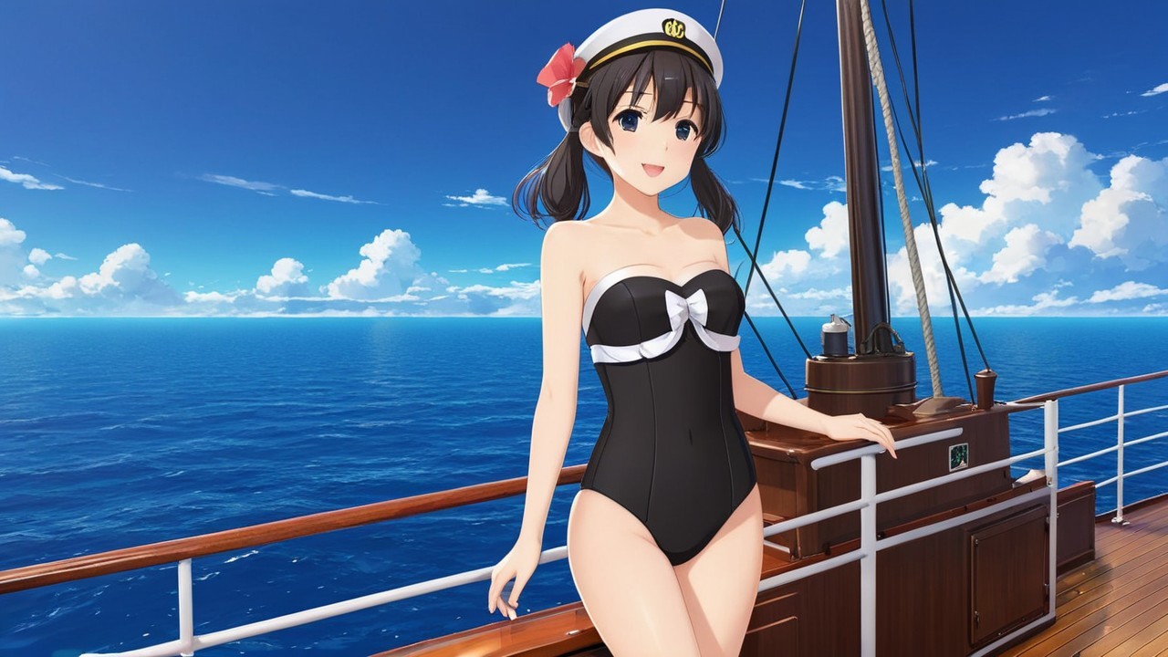 Cheerful anime girl in stylish swimsuit on ship deck
