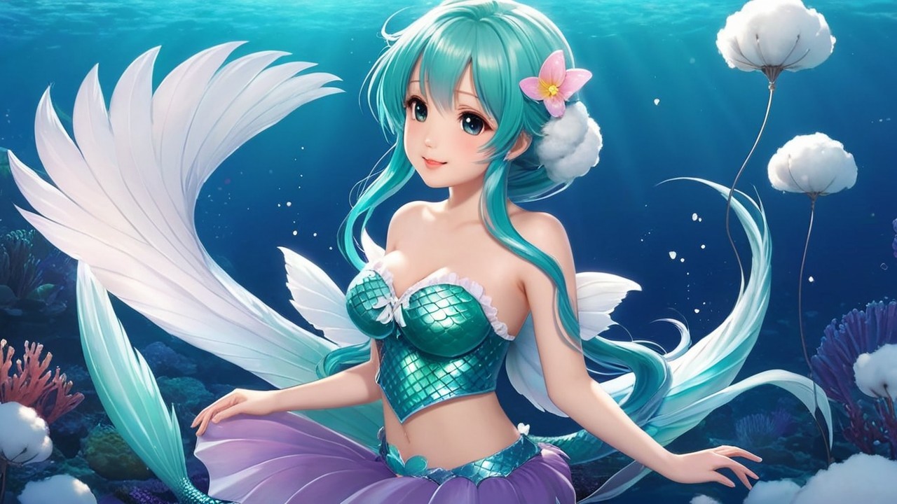Illustration of a mermaid in a vibrant underwater scene
