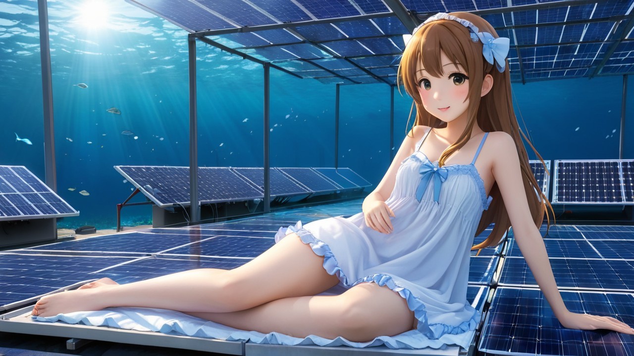 Young girl on solar panel in serene underwater scene