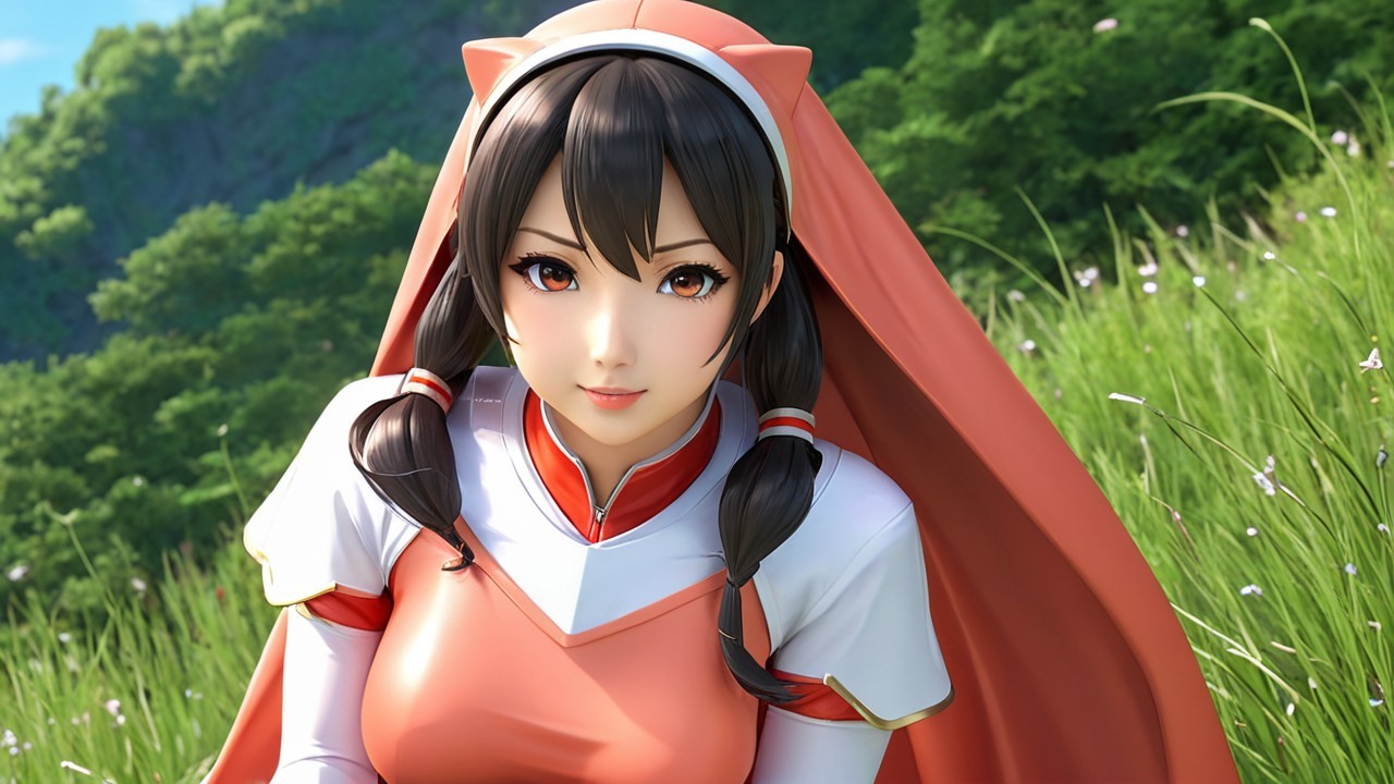 Young woman in vibrant outfit in green landscape