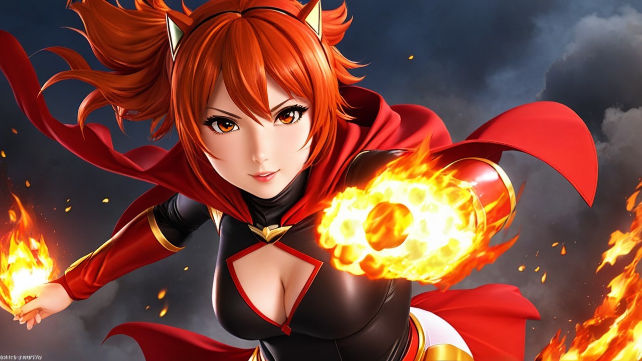 Dynamic anime character with red hair and fox ears