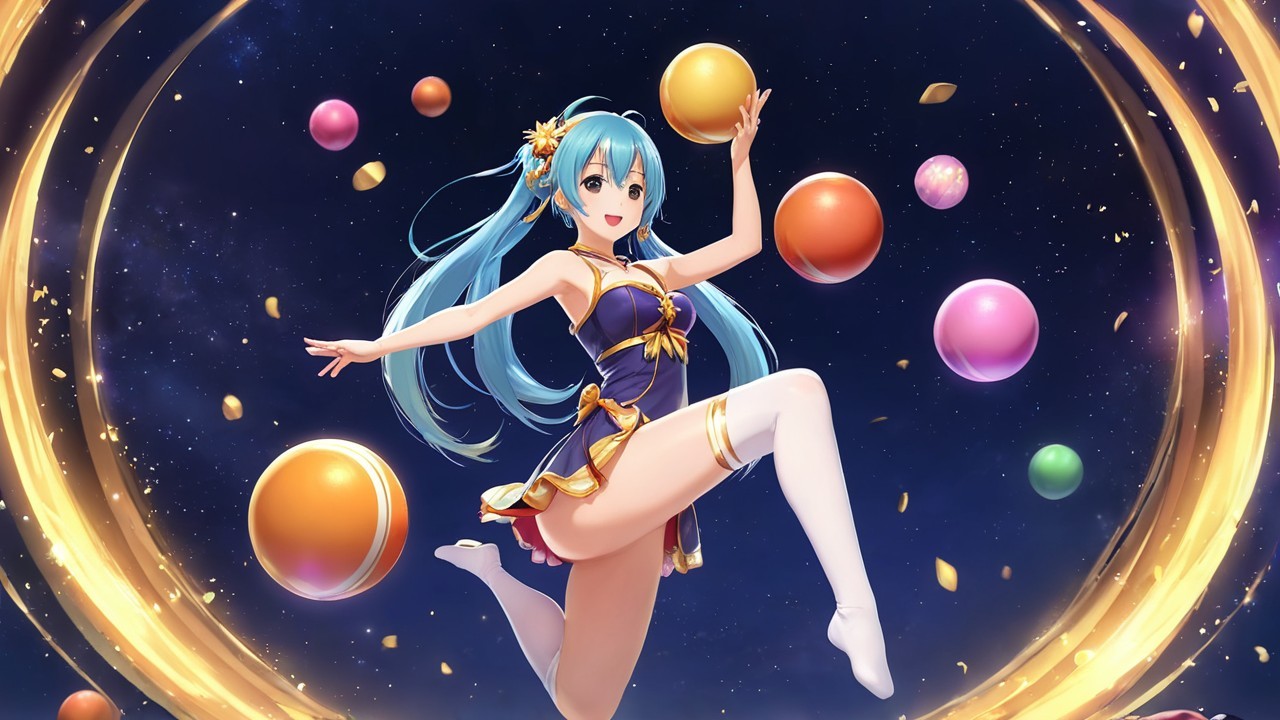 Energetic Anime Character Juggling Colorful Spheres