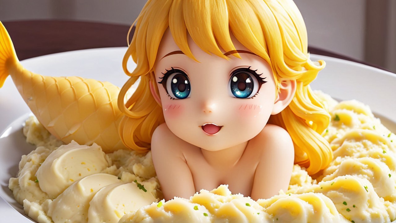 Mermaid Figure Playfully Emerging from Mashed Potatoes